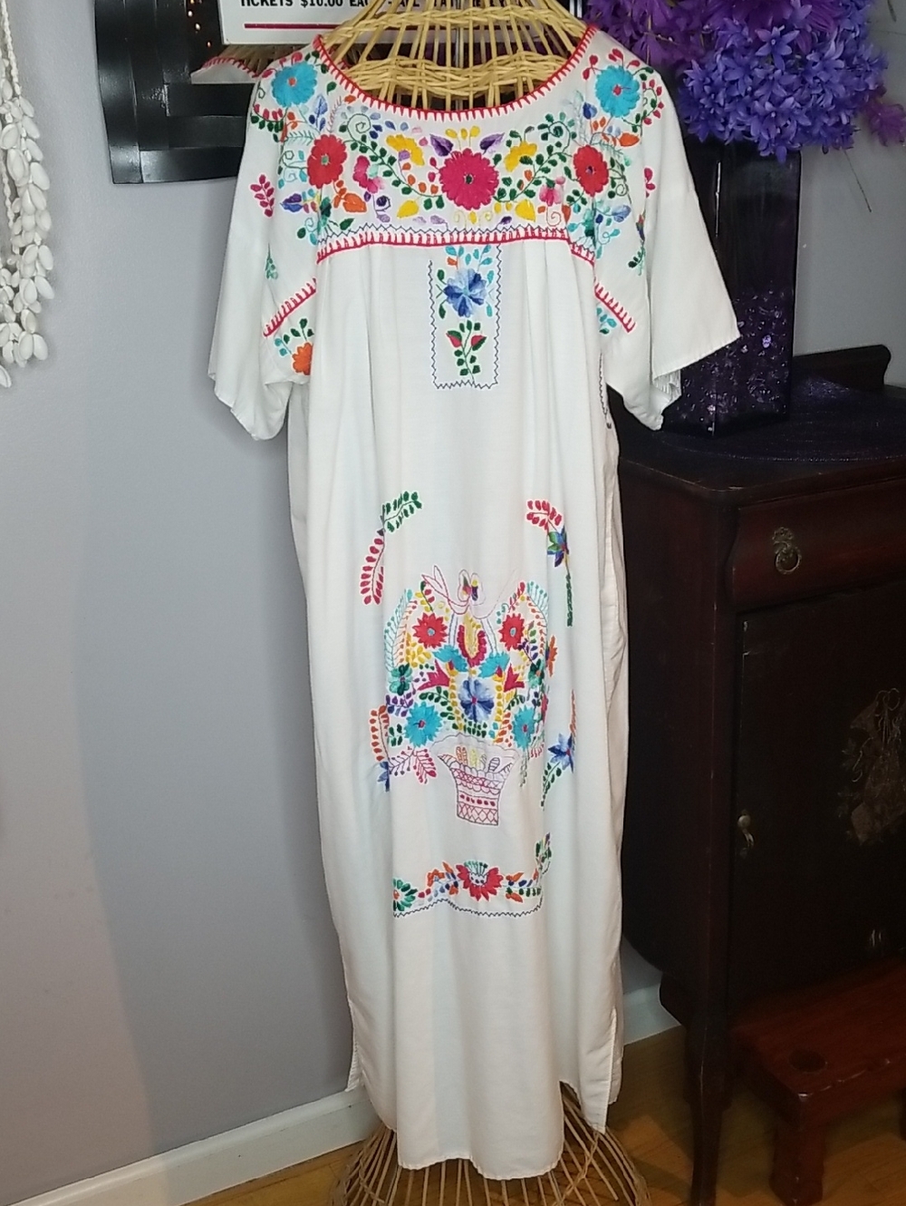 Mexican Large White Embroidered Flowers & Flower Basket Short Sleeve Long Dress